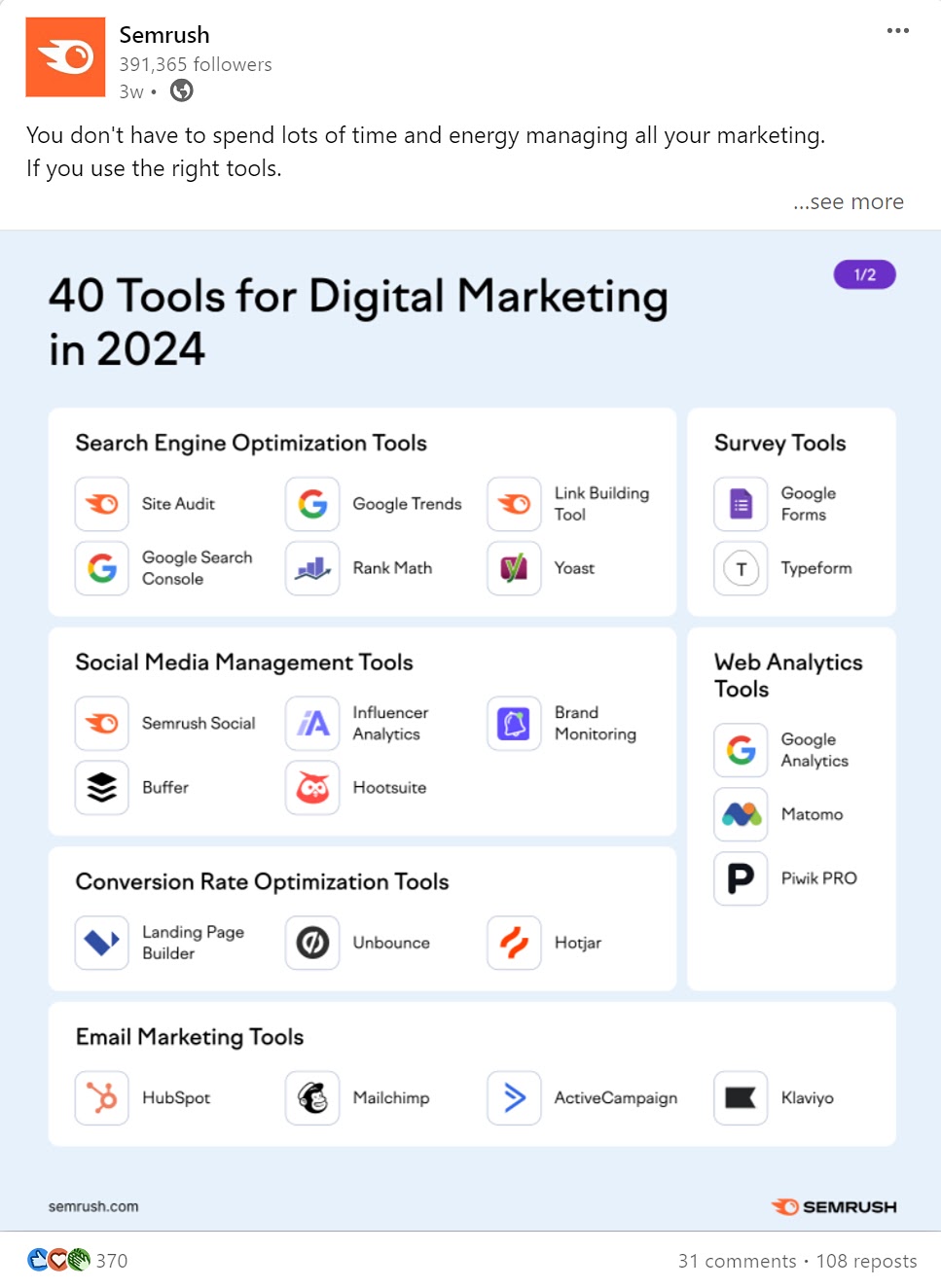 Semrush's post on LinkedIn, sharing 40 tools for digital 街市ers