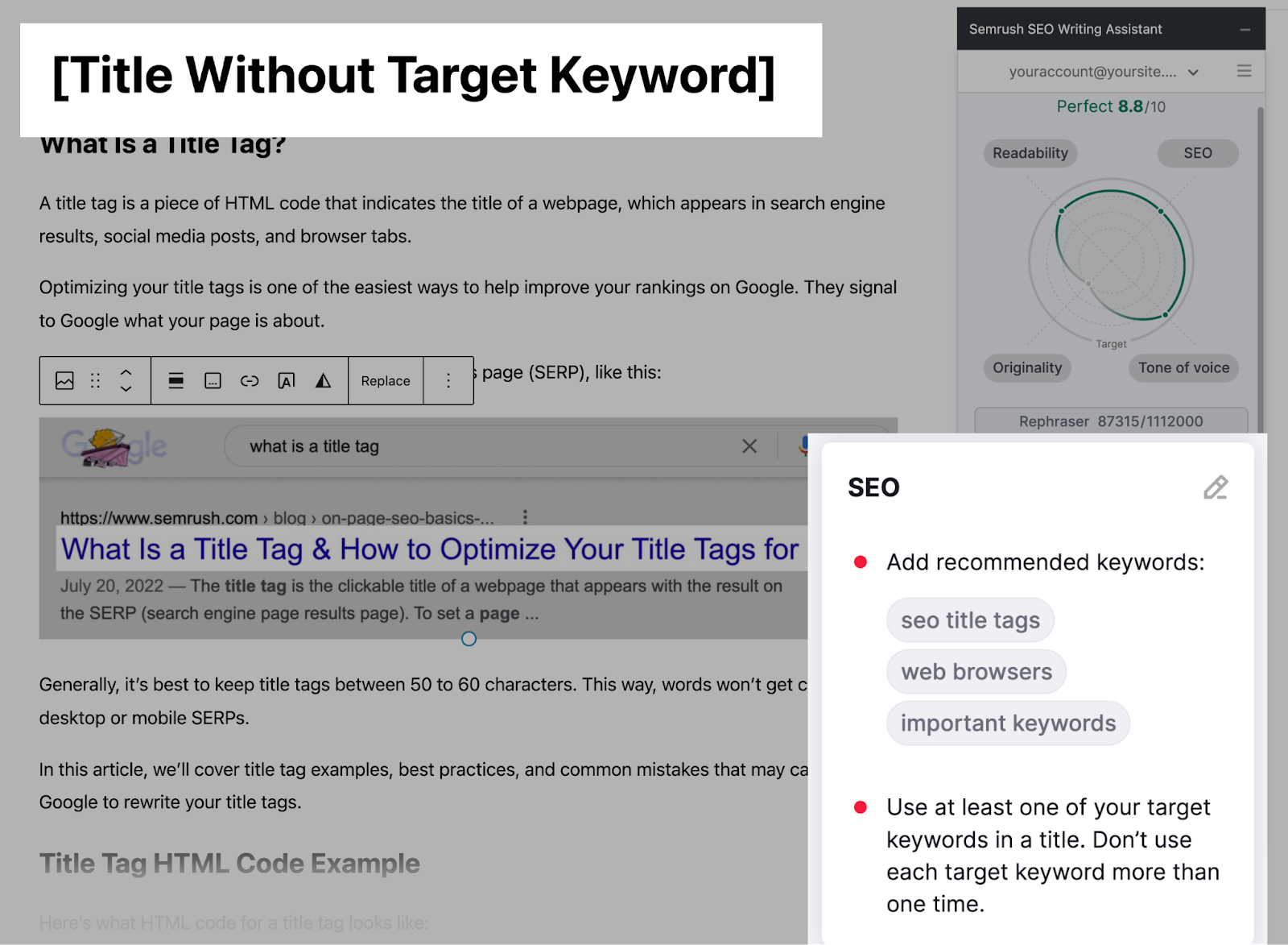 高级行政主任写作助理 plugin showing that article’s title doesn’t include target keyword