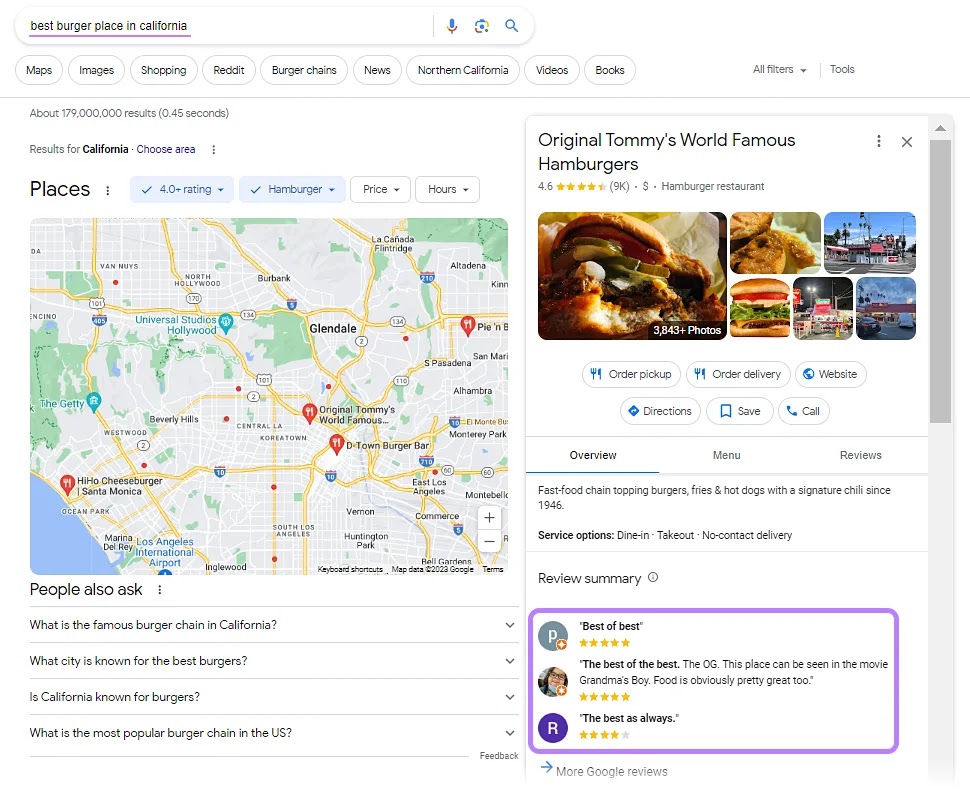Original Tommy’s World Famous Hamburgers appears at the top of search results for 