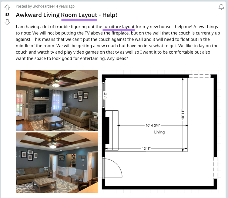 reddit post with 关键词 room layout和furniture layout highlighted