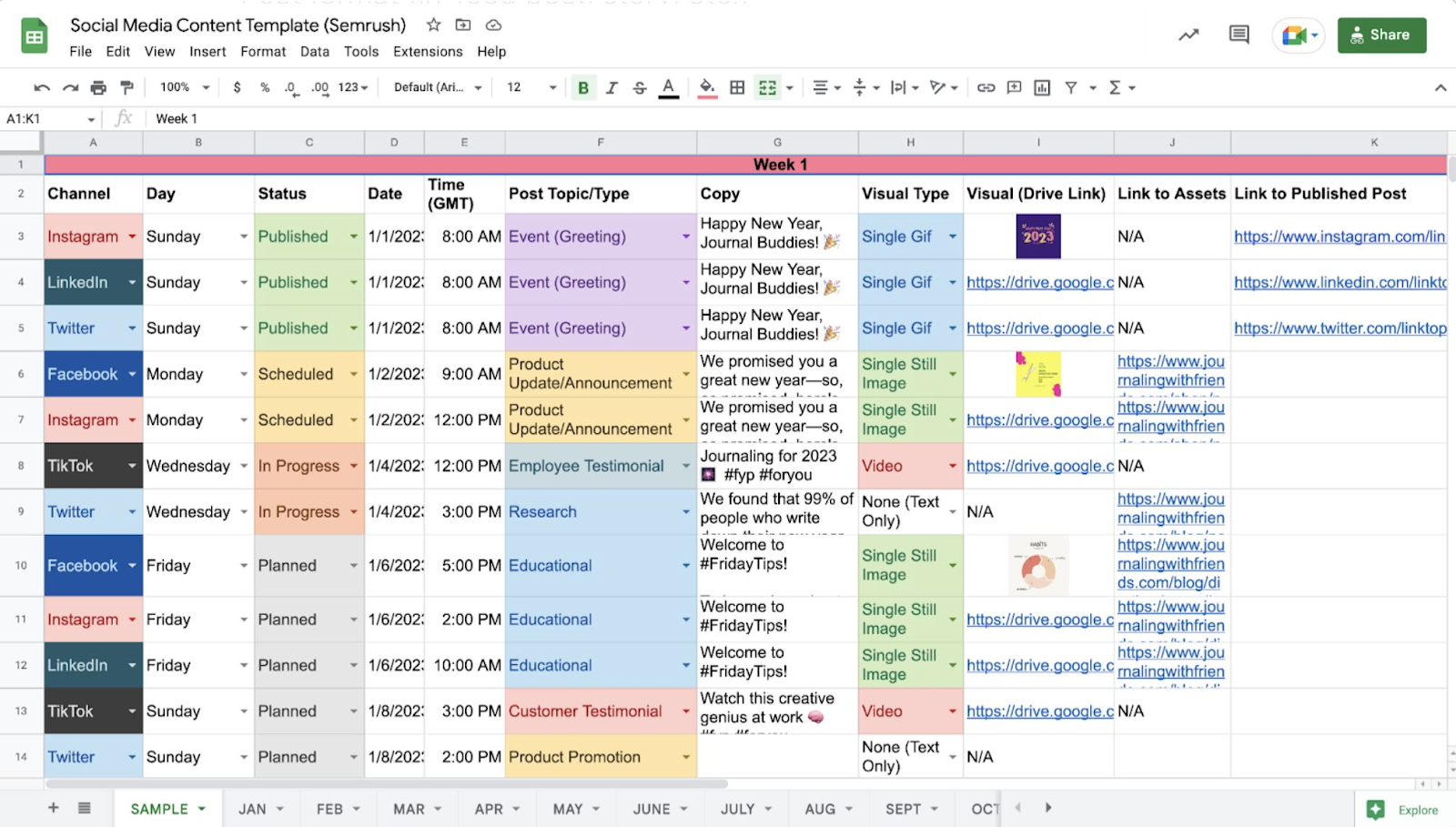 A 社交媒体内容日历 template by Semrush