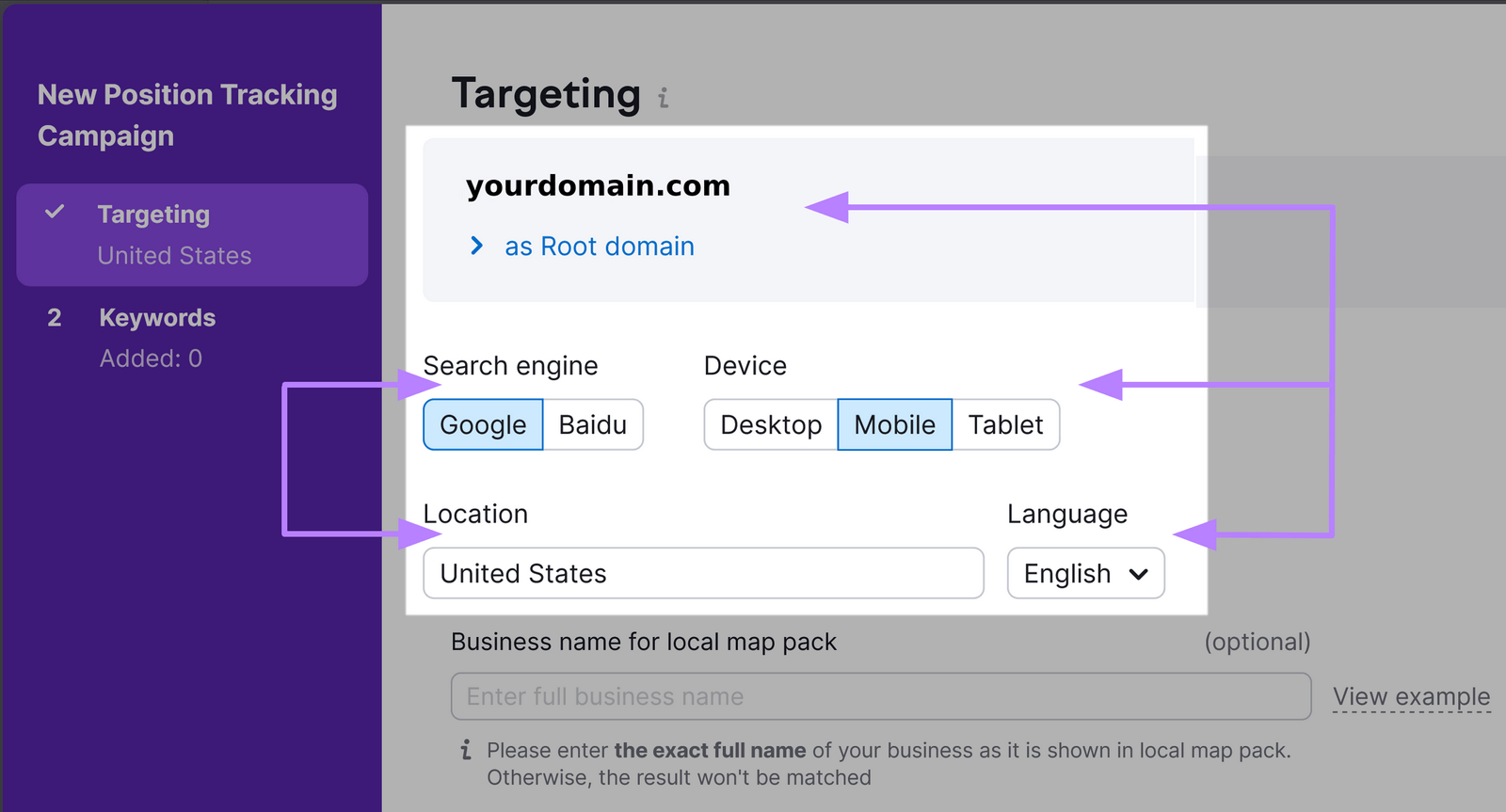 Selecting search engine, device, and location in 位置跟踪 tool settings