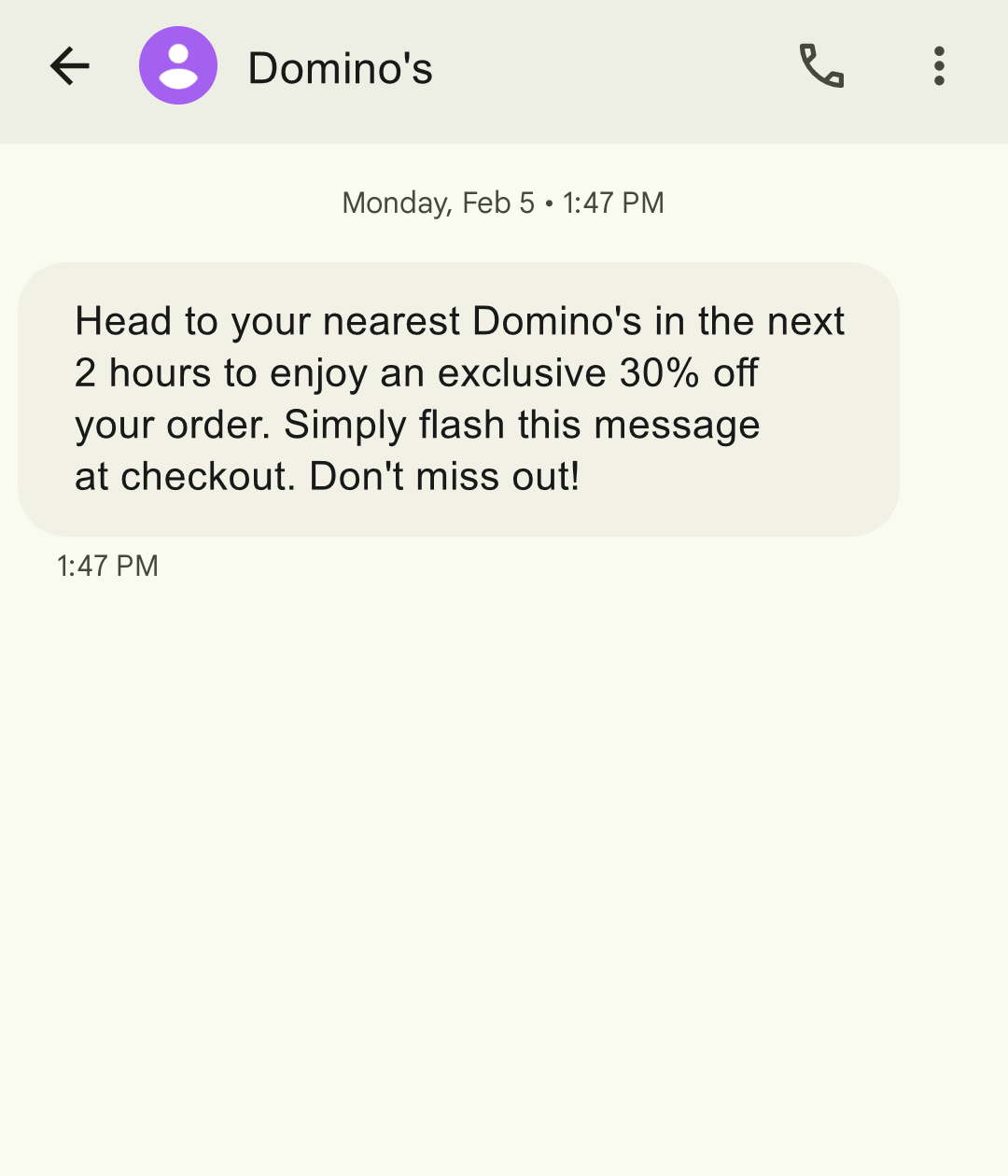 Domino's message that reads: 
