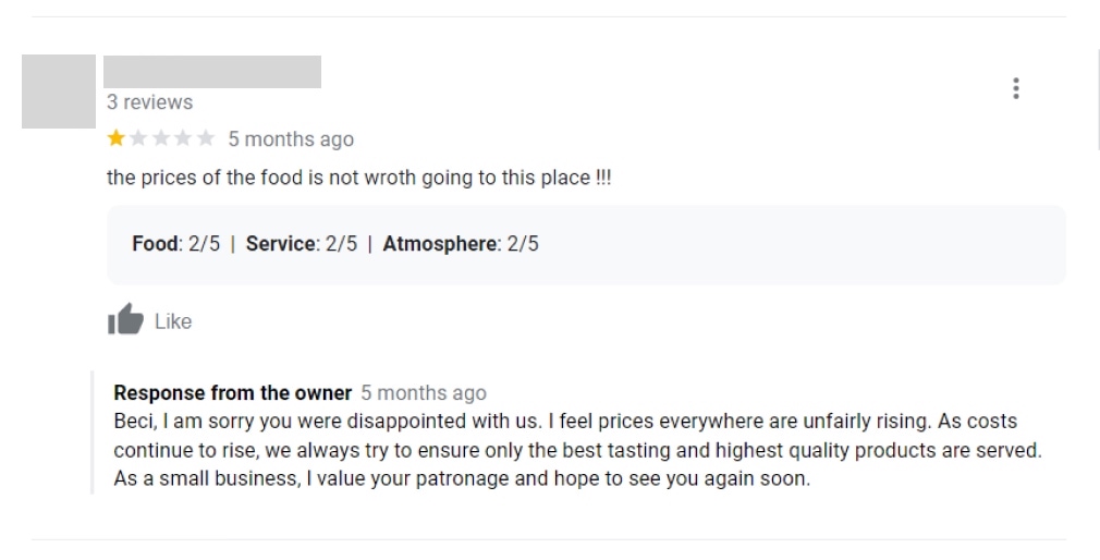 该owner of a small, local bakery responding to a negative review