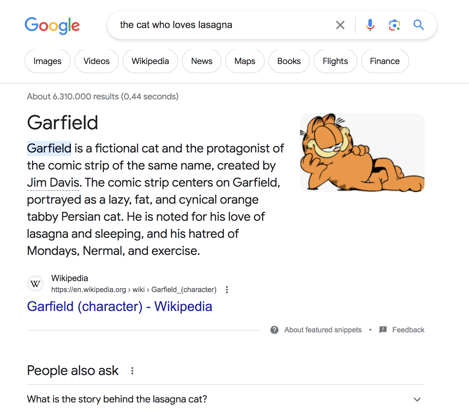 Garfield comes as Google's first result for 
