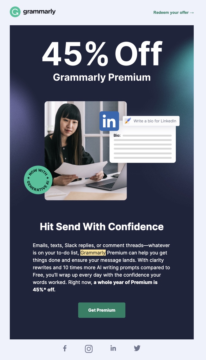 A 再评论 campaign email from Grammarly offering a 45% discount to their customers.