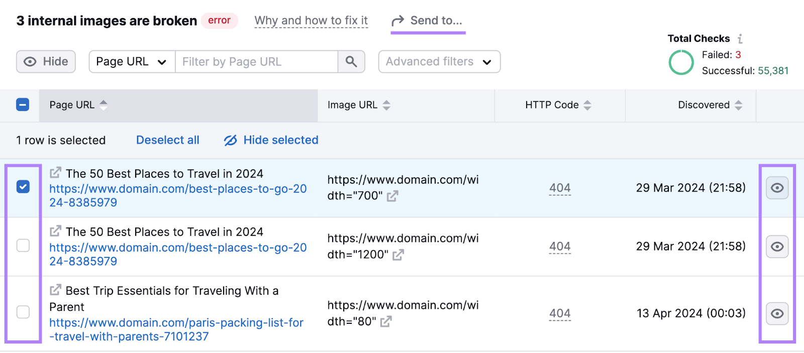 checkboxes, hide result，而send to buttons highlighted in the image report