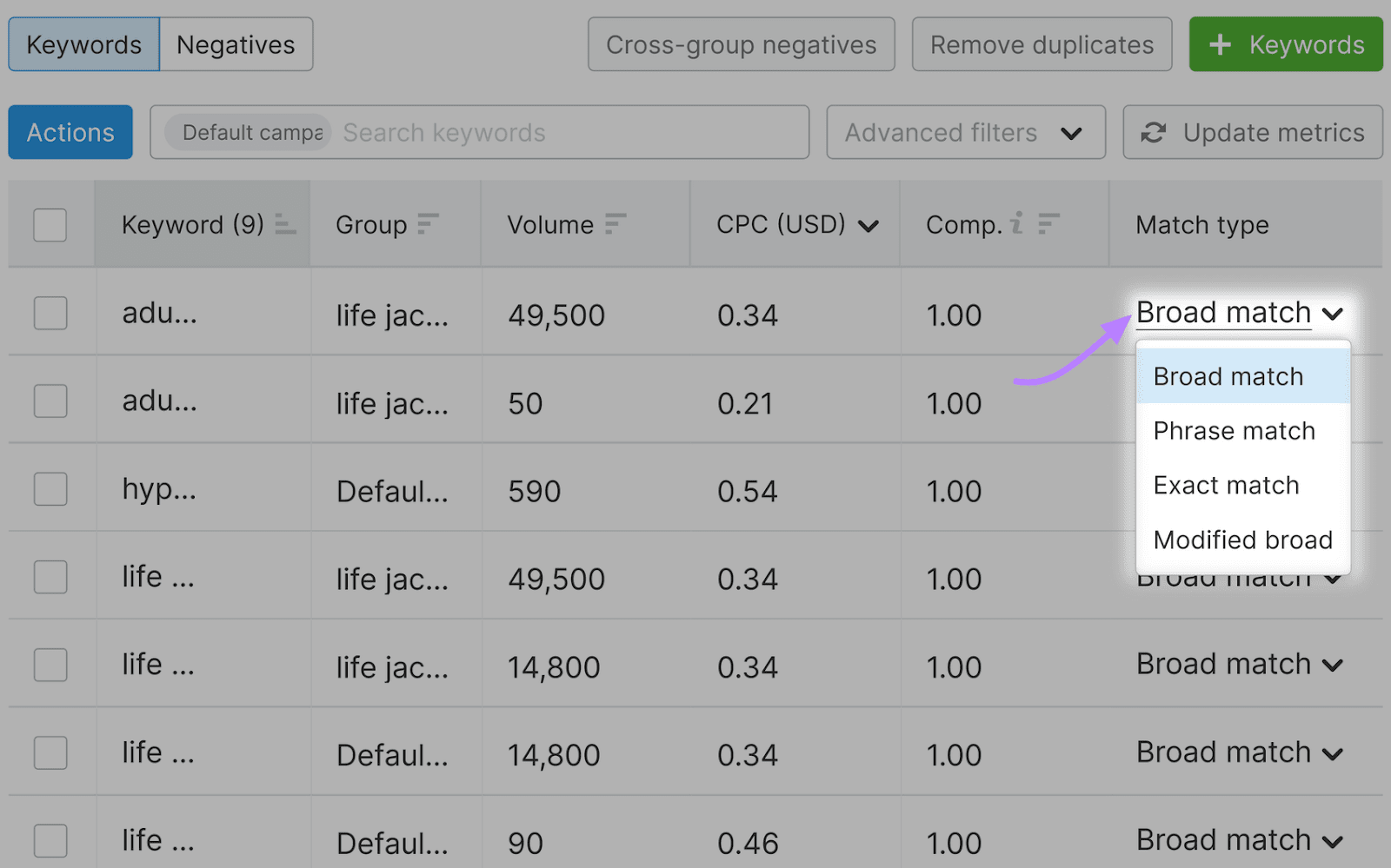PPC关键字工具 interface showing a dropdown menu with options for match types highlighted.