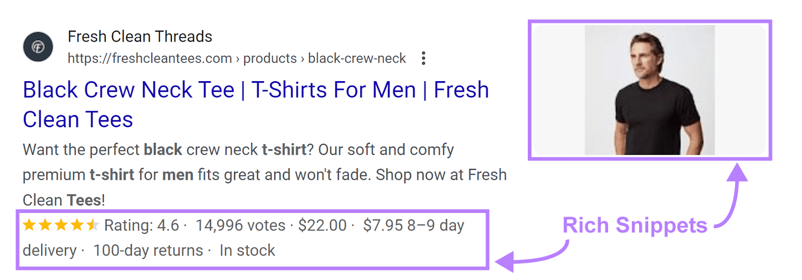 Fresh Clean Threads result on Google SERP containing rich snippets: an image, rating, votes, prices, delivery和return information,和stock