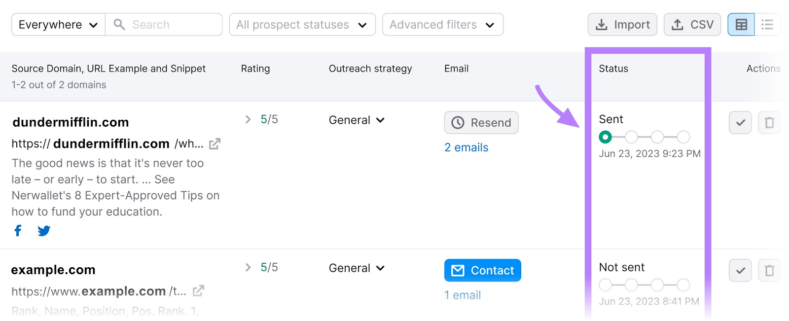 “状况”column shows updates on your email has been sent, delivered, read, or replied to
