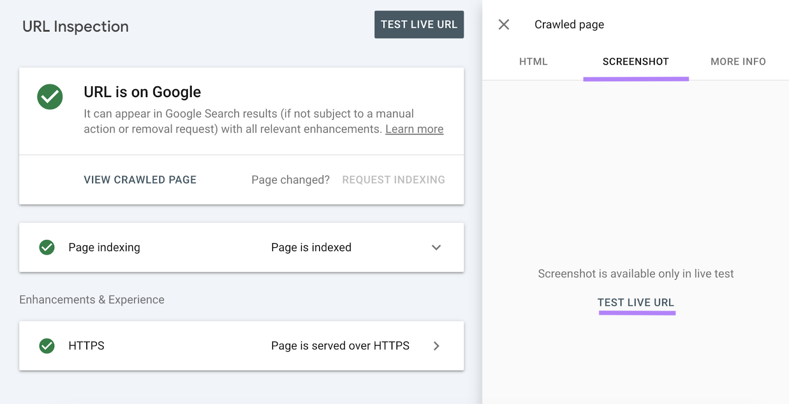 Crawled page box open with 截图 tab and test live url link highlighted
