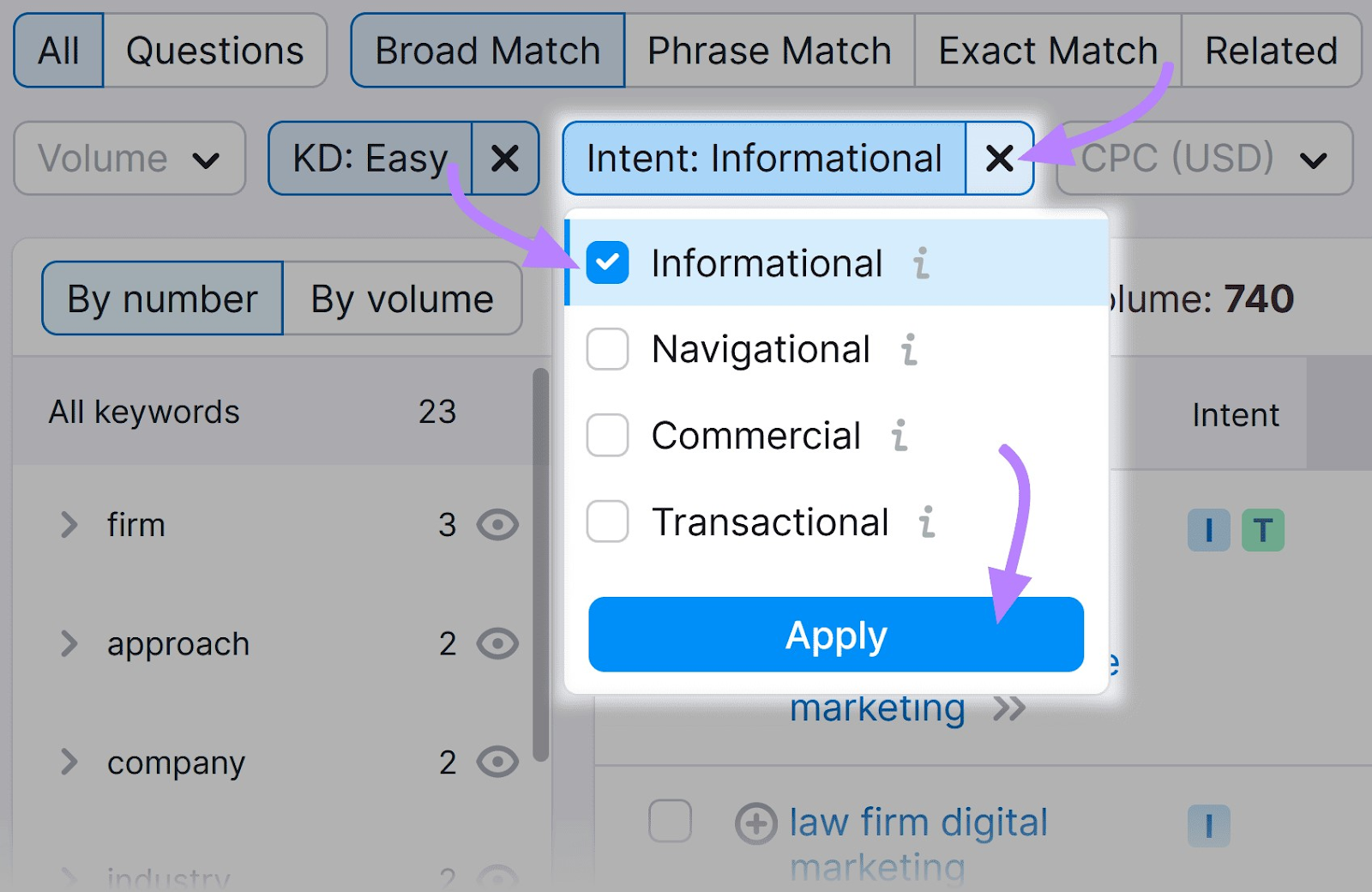 “意图”filter drop-down menu