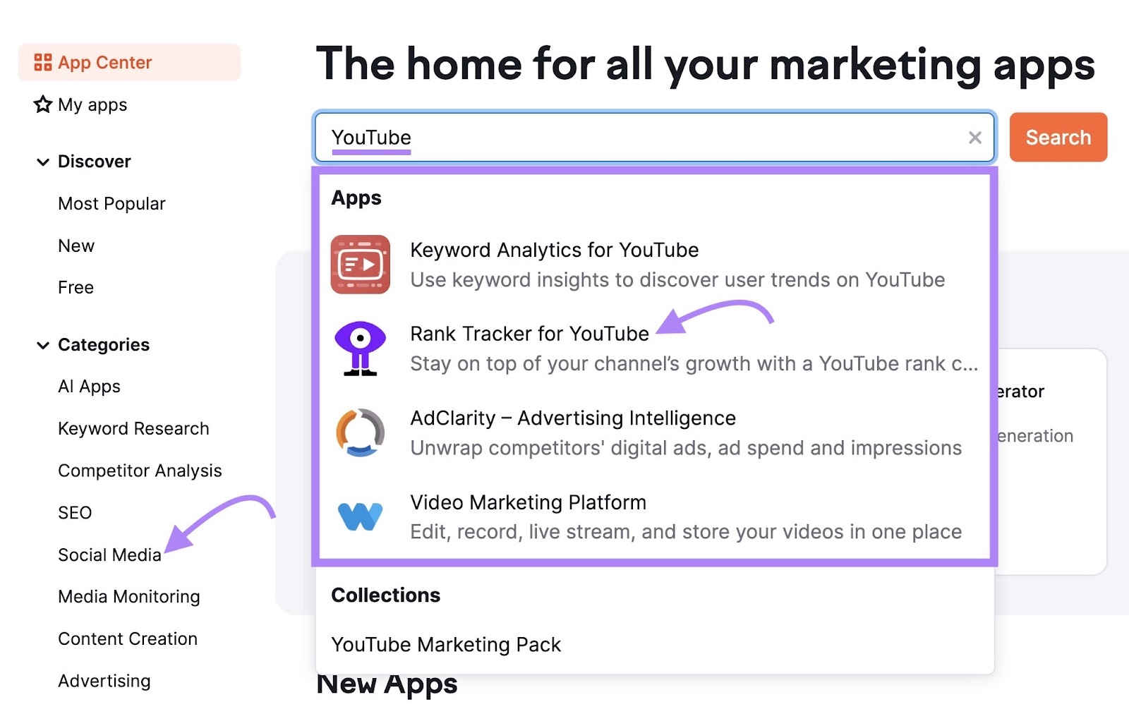 Navigating to Youtube的排名追踪器 tool in 应用中心