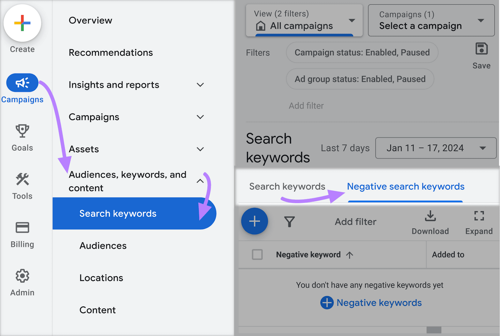 Navigating to “负面搜索关键字”tab in Google Ads