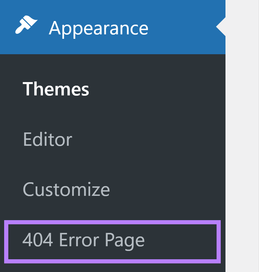 WordPress side menu showing option to change 404错误页面.