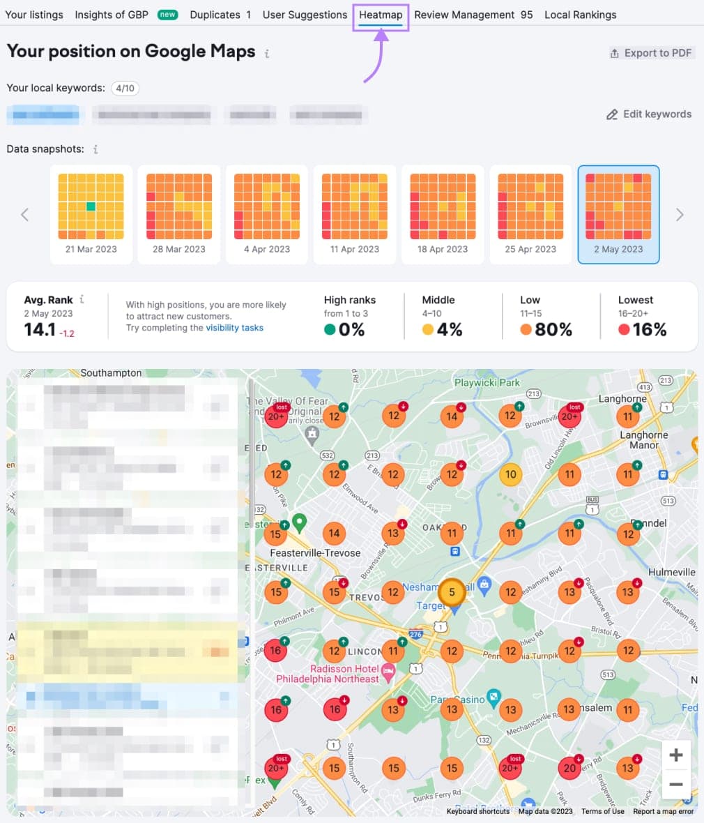 热图showing your business position on Google Maps