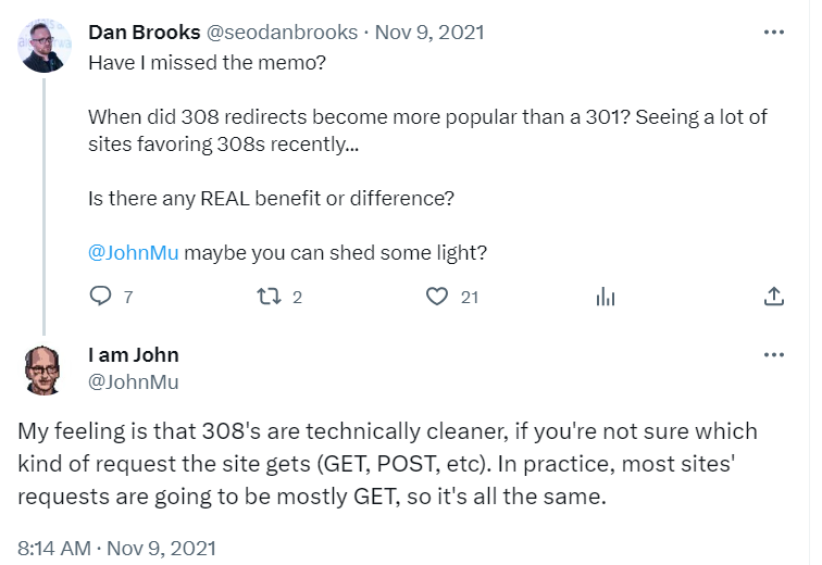 John Mueller's reply to why did 308 重定向s become more popular