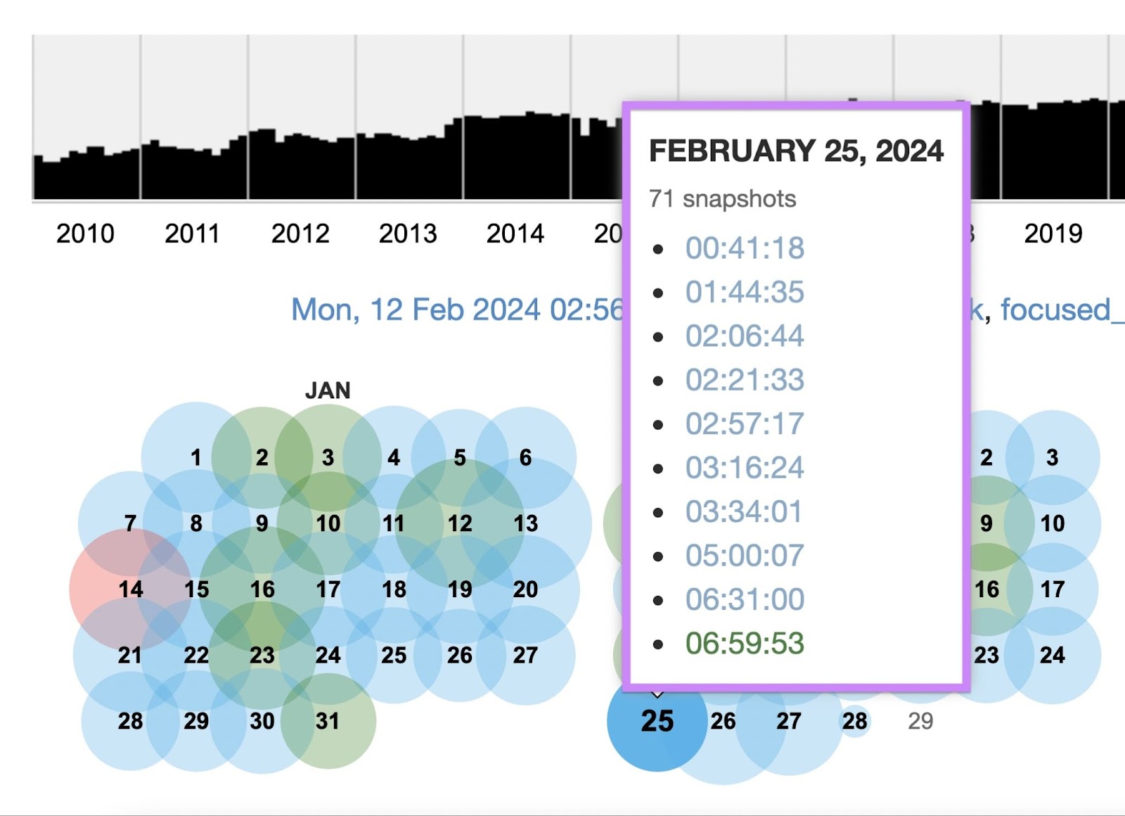 回路机 calendar drop-down menu showing 71 snapshots for February 25, 2024
