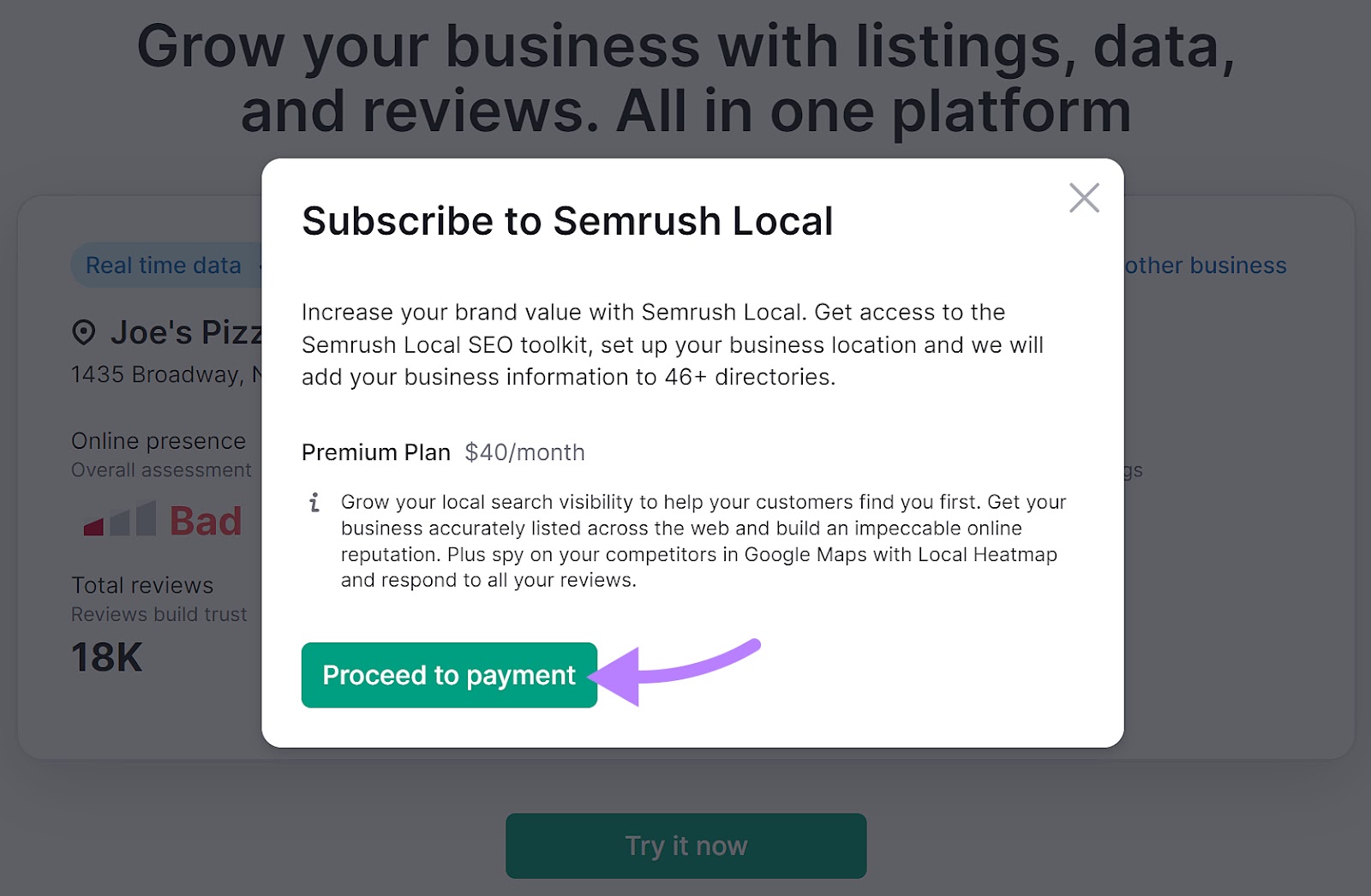 Pop-up showing the Semrush本地 description and pricing plan.