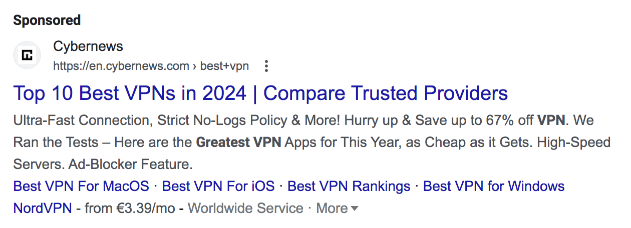 Cybernews' ad that appears for the query “best VPN