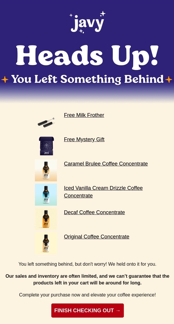 A cart abandonment email from, coffee brand, 贾维 encouraging users to complete their purchase.