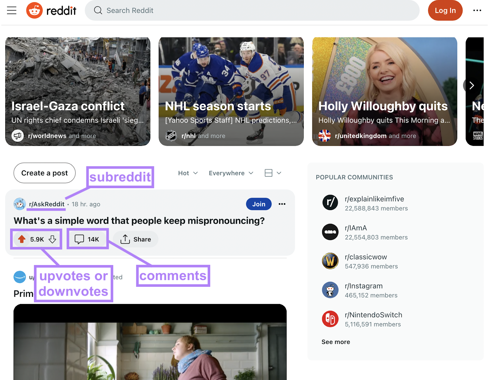 Reddit page with an example of 