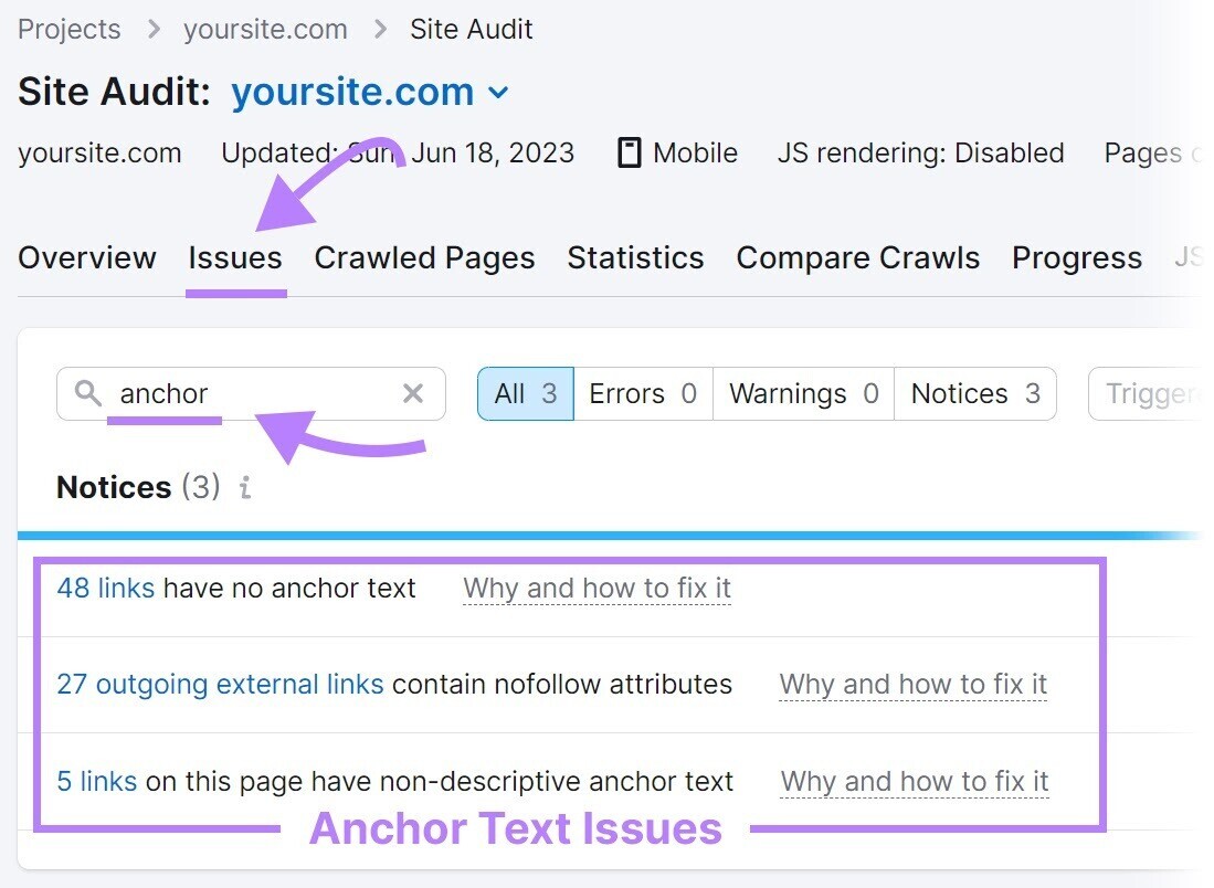 anchor text issues in “问题” tab