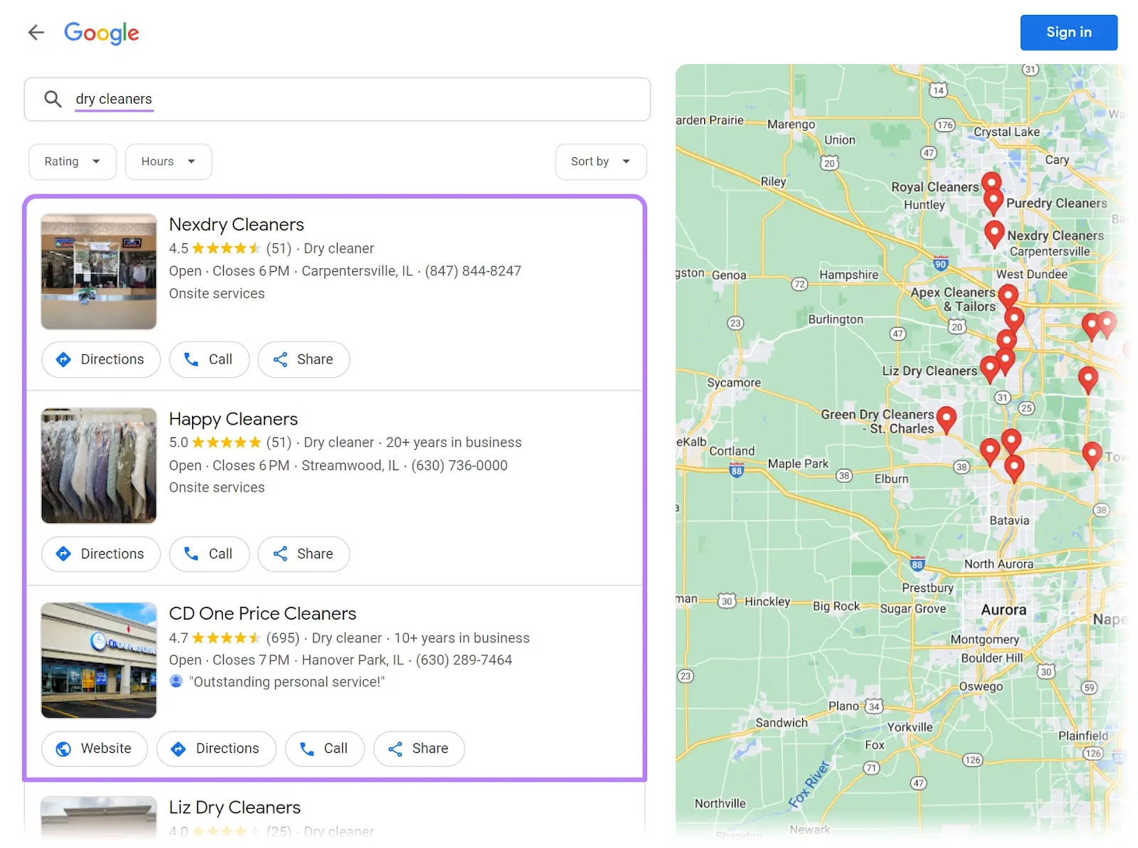 Google Maps results for 