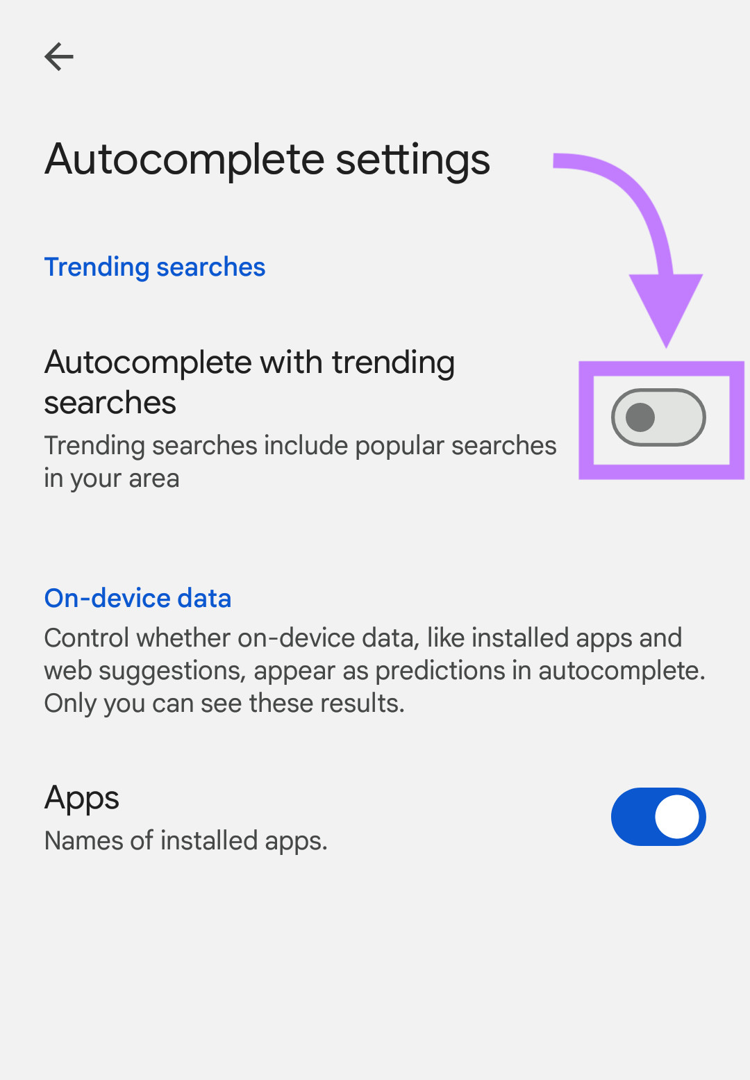 “Autocomplete with trending searches” switch for 机器人 devices