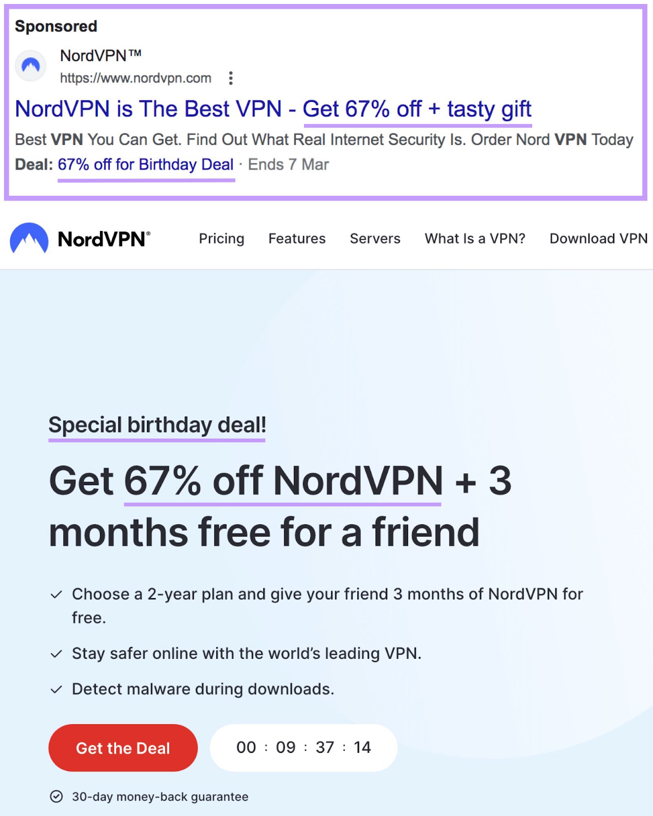 NordVPN's PPC ad和a landing page associated with the ad