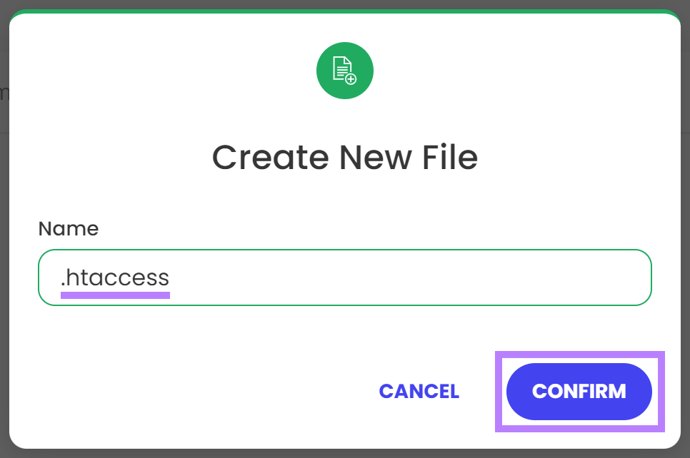 Web host interface for creating a new file with the name 