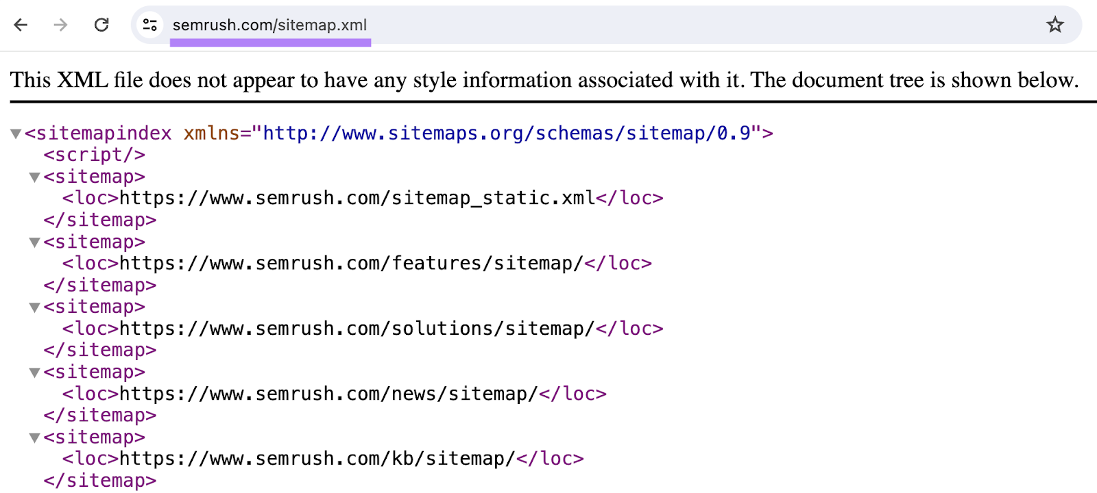 The webpage for semrush.com/站点地图。xml showing an XML站点地图
