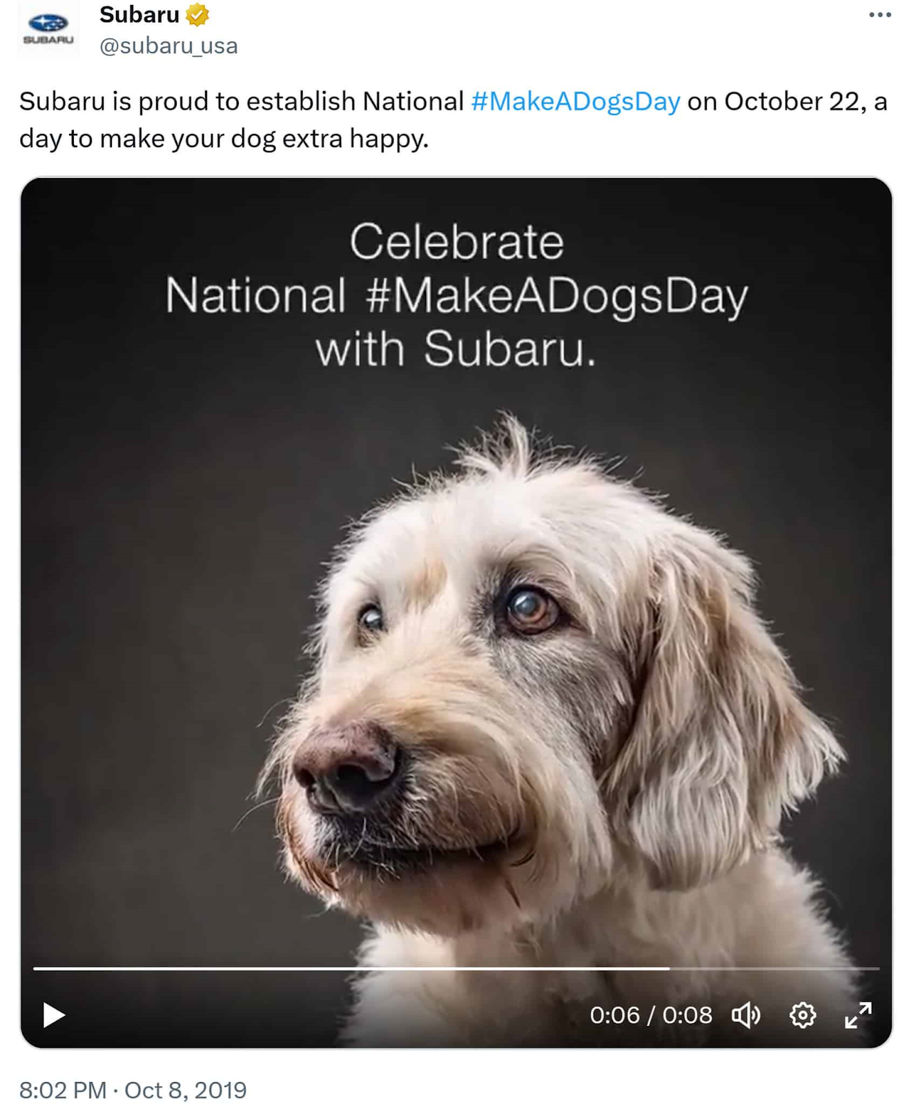 斯巴鲁's ad inviting pet owners to celebrate National #MakeADogsDay with the brand