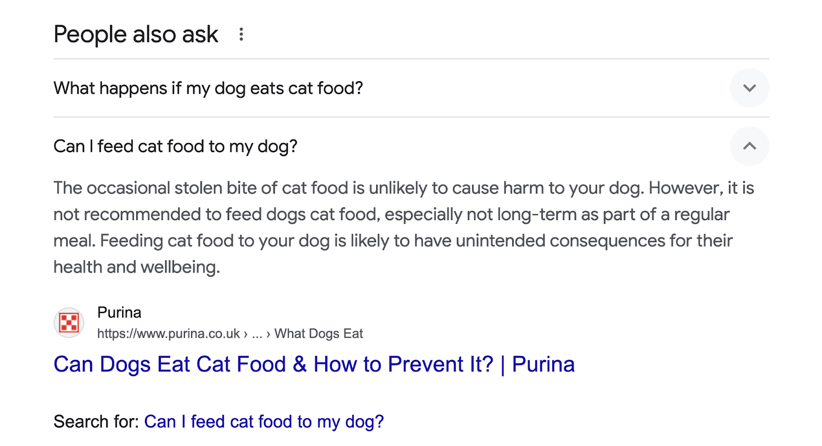 People also ask serp feature for 可以 dogs eat cat food has drop down menu with answers to related common questions