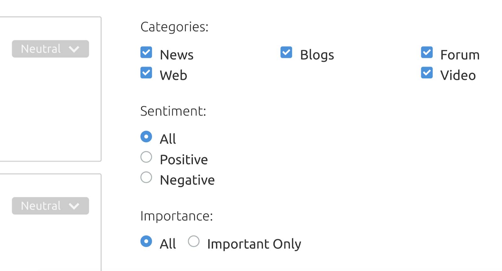 Filters for categories, sentiment and importance on the '提及' tab of the '传媒监察' tool.