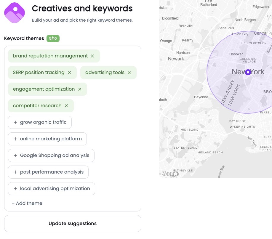 广告启动助理creatives and 关键词 settings