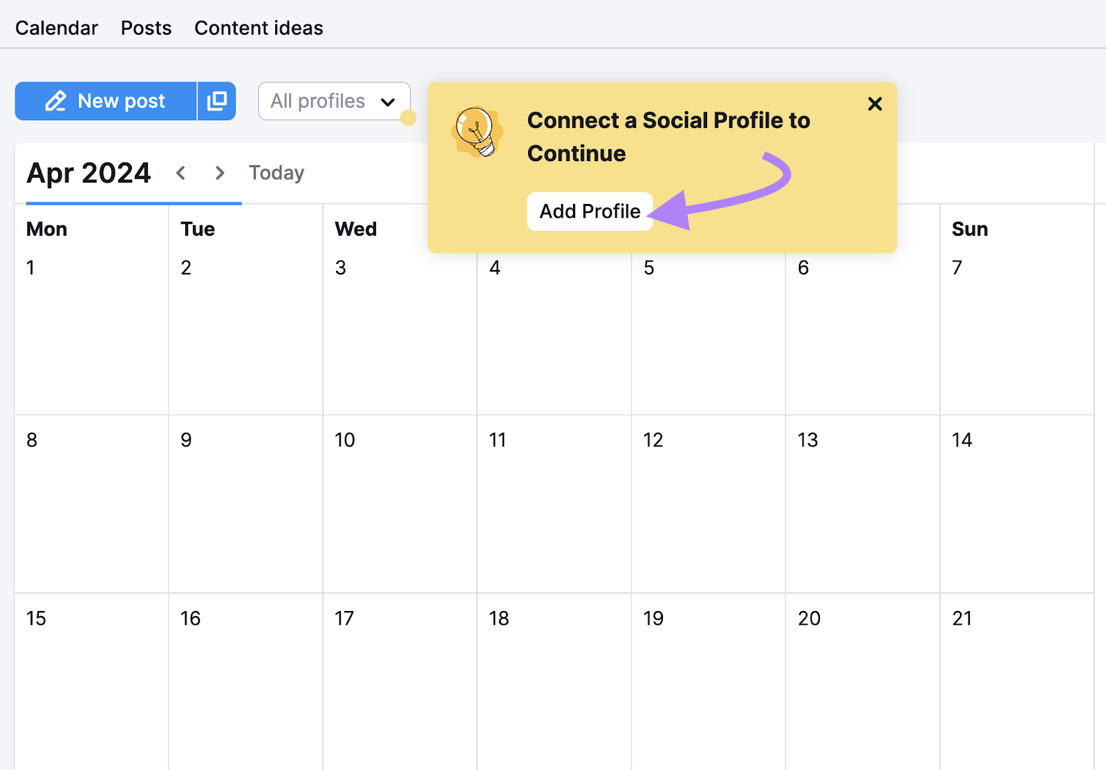 Connecting a profile when using the 社交海报 calendar on Semrush