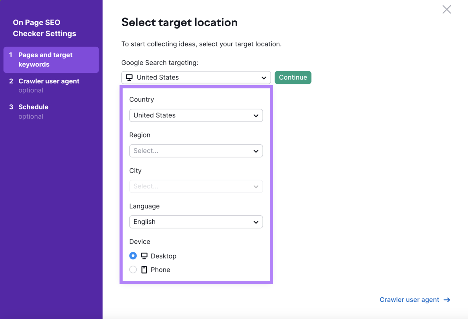 on page seo checker select target location和device