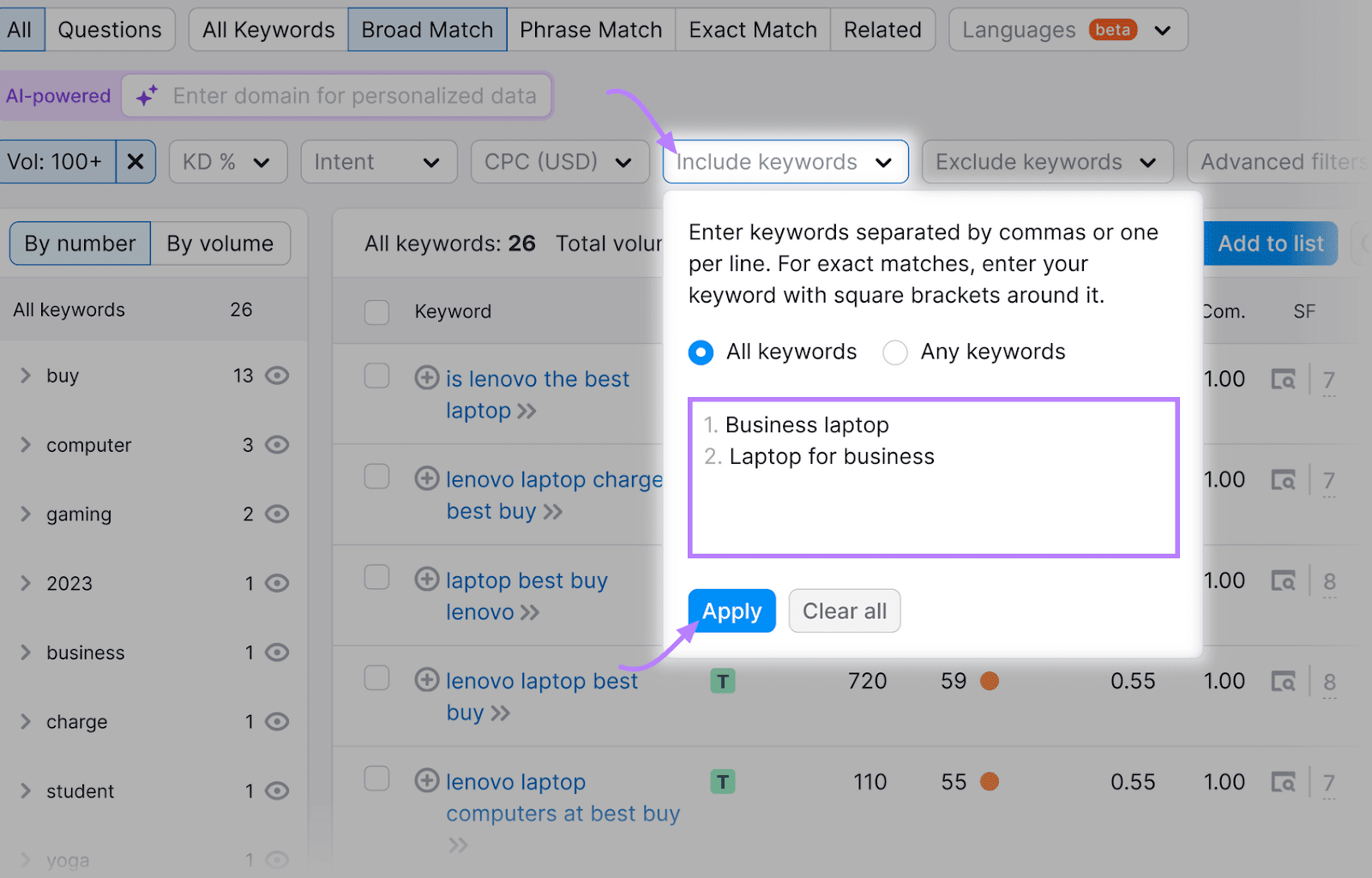 关键字魔术工具 interface with a light box dialog open on the right, which lists the 