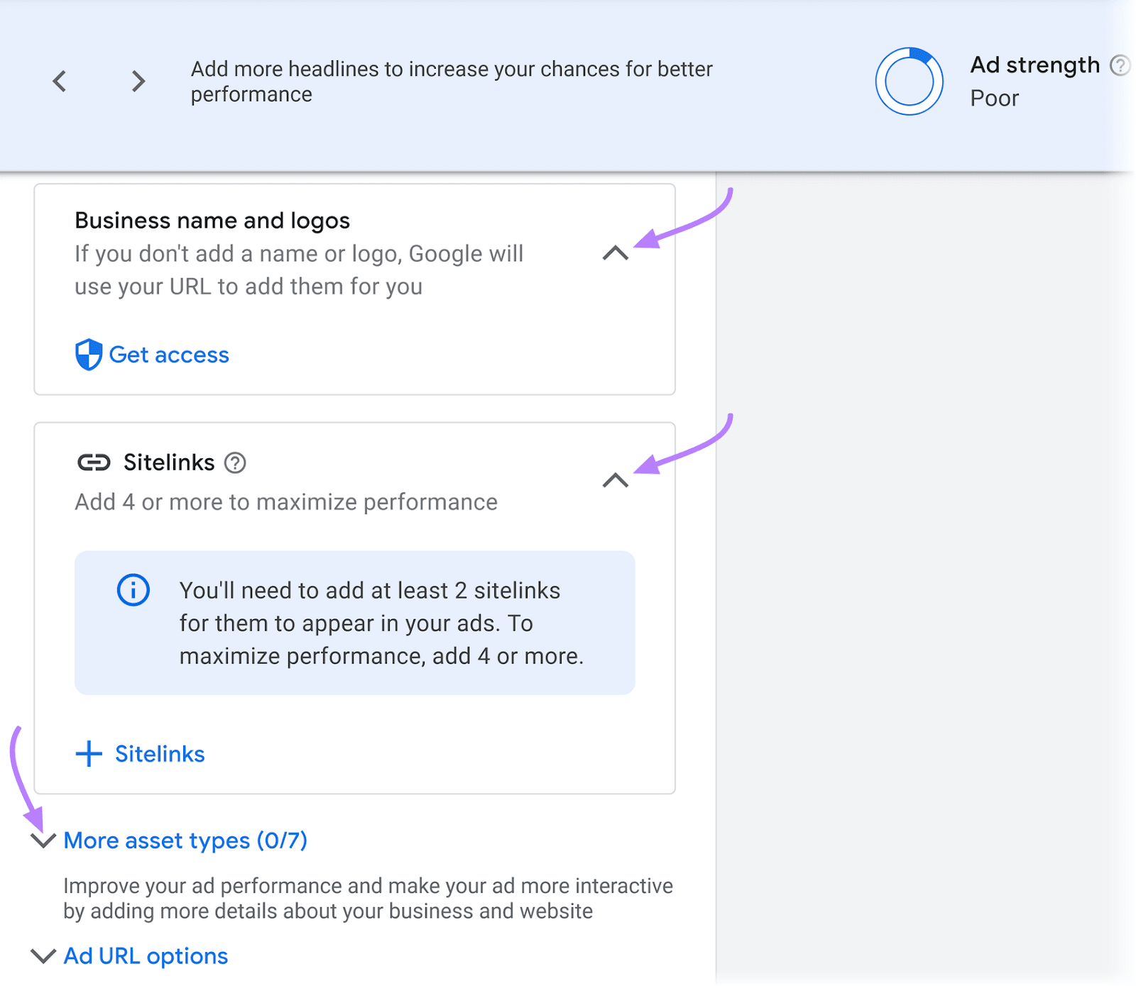 谷歌广告 ad creation interface showing prompts to add business names and logos, sitelinks, and more asset types.
