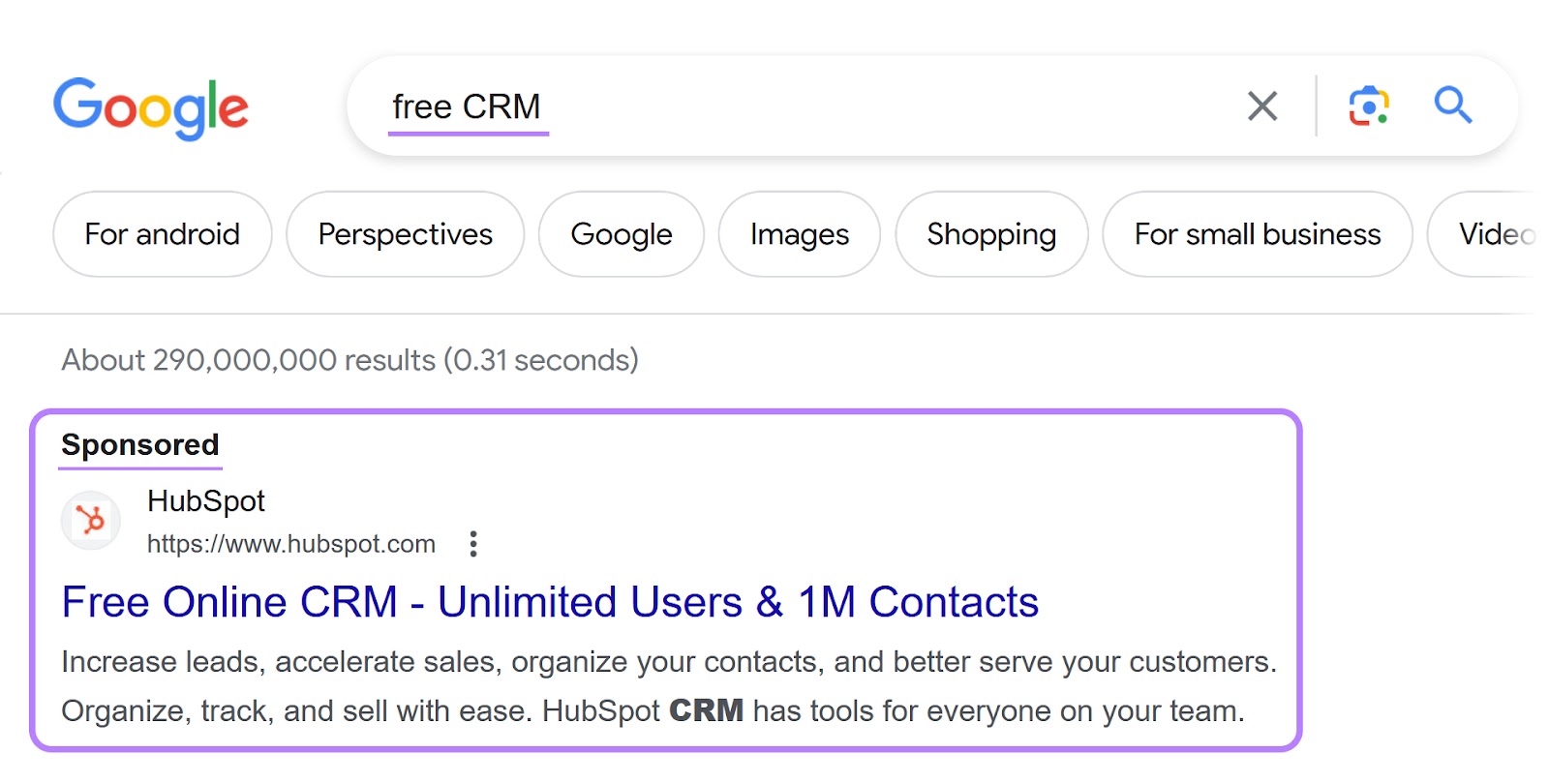 HubSpot’s search ad with 