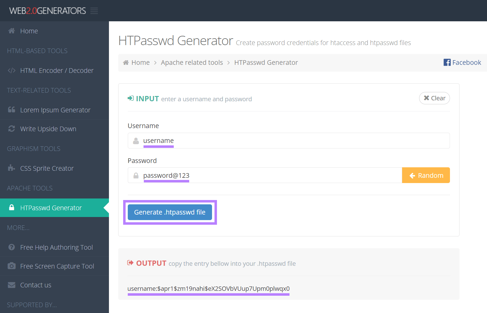 HTPasswd发生器 tool showing the encryption of a password.