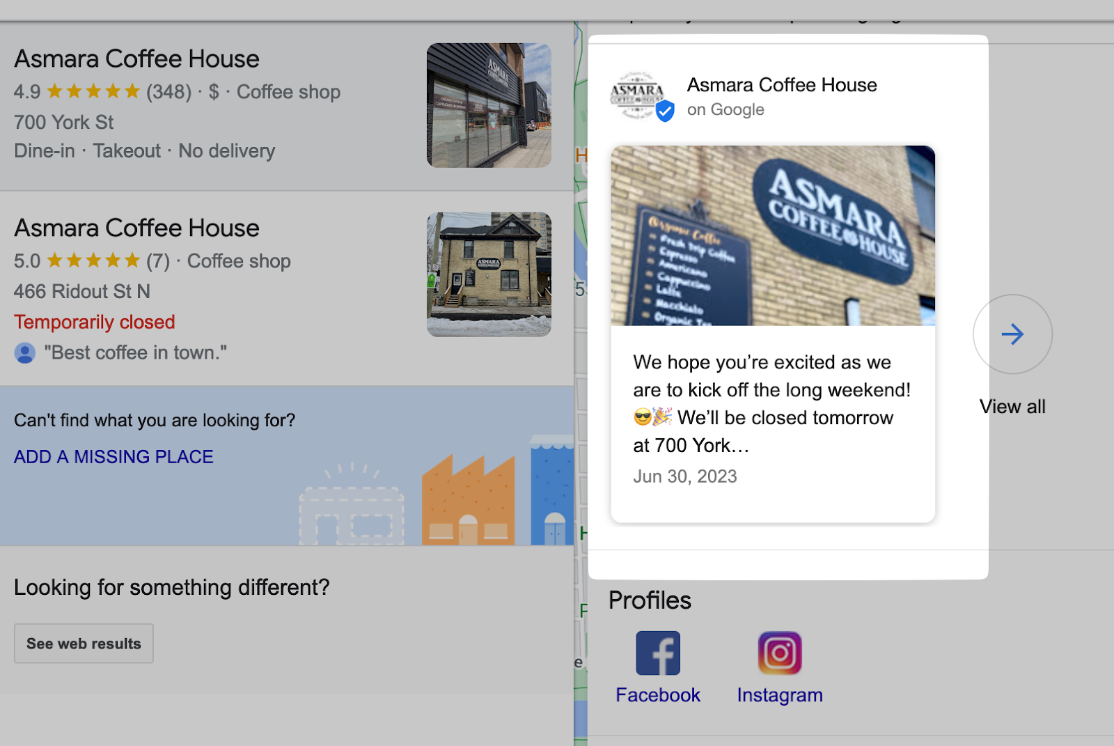 An example of a Google post showing on Asmara Coffee House business 个人资料