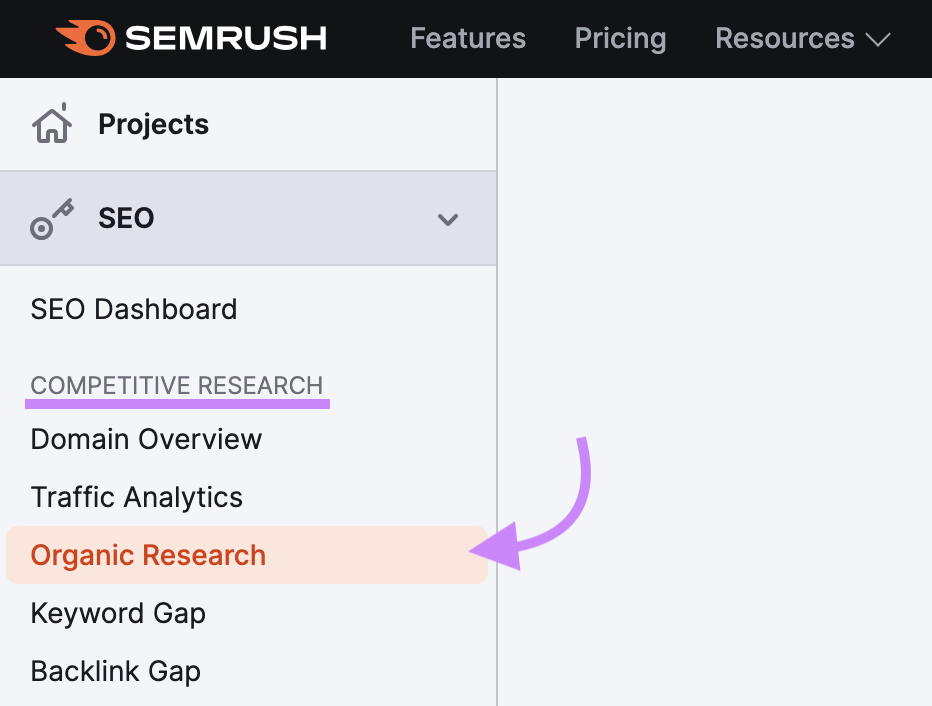 Navigating to “有机研究” in Semrush menu