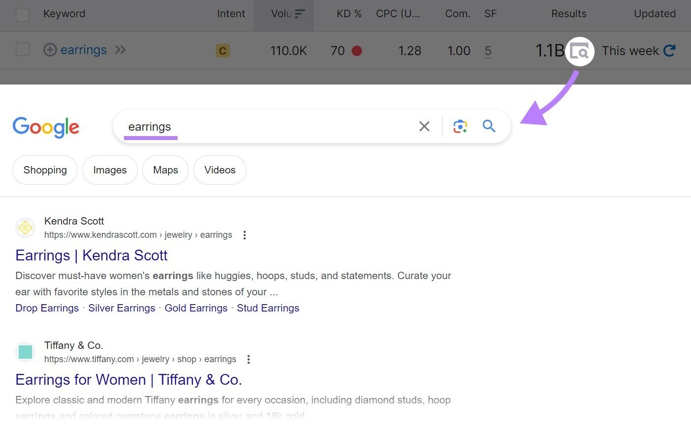 clicking on “Results” icon next to