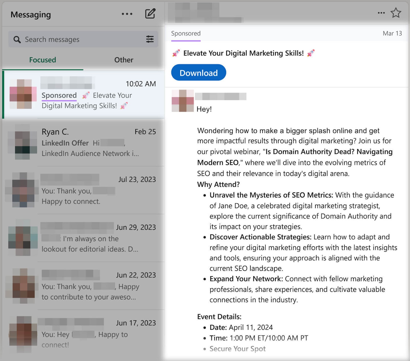 A LinkedIn message ad titled 