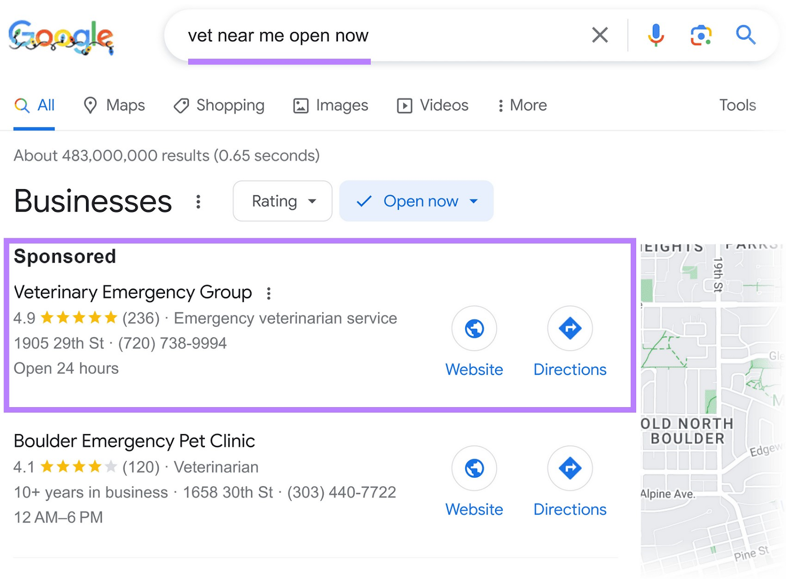 Google ad for “vet near me open now”query