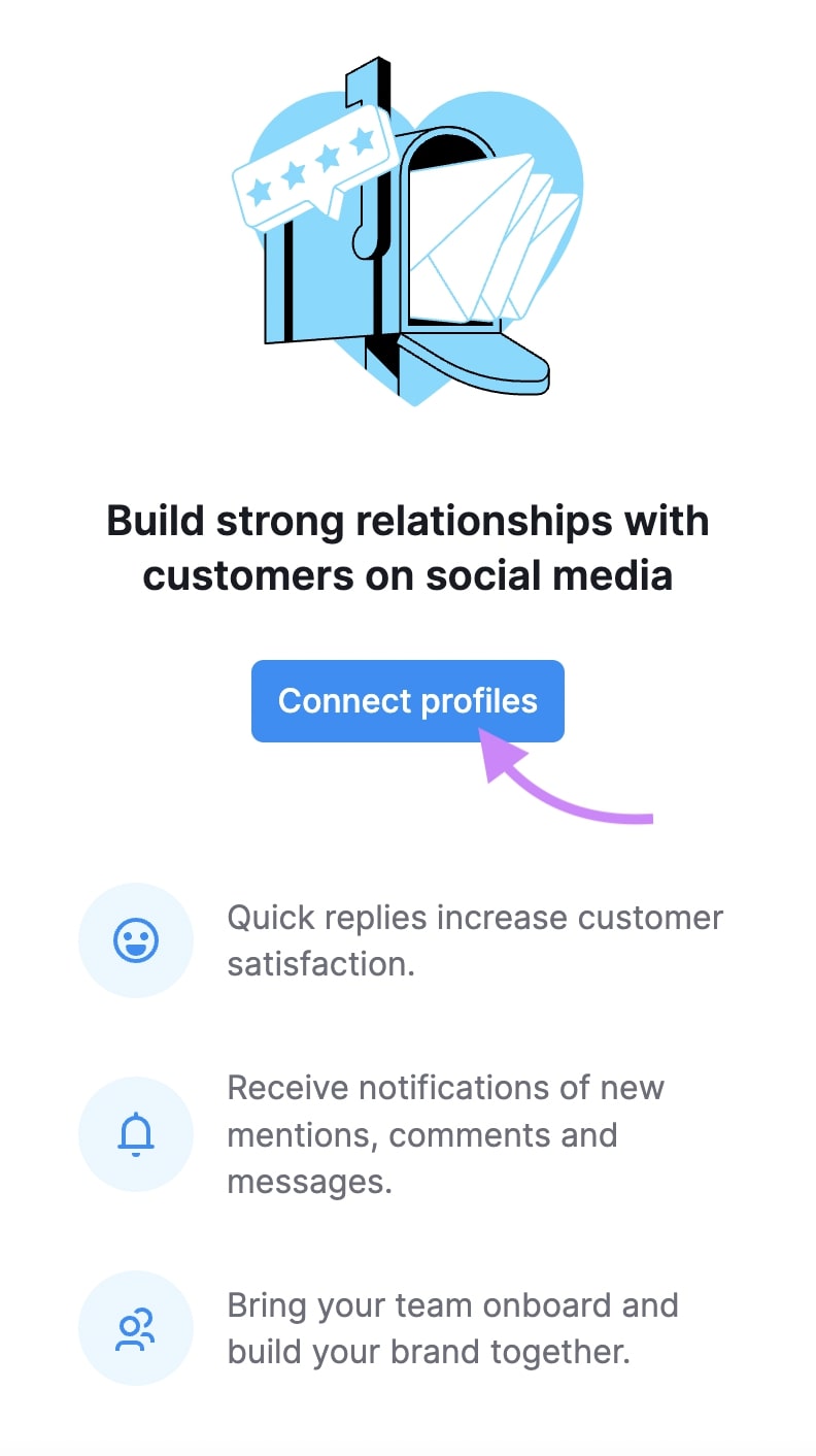 Semrush's 'Social Inbox' home with the 'Connect 配置文件' button clicked.