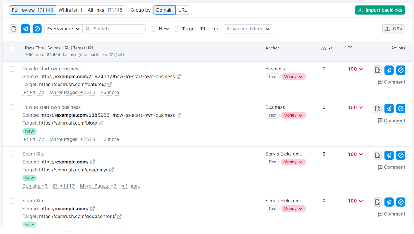 A list of referring domains whose links might be harming your site in 反向审计 tool