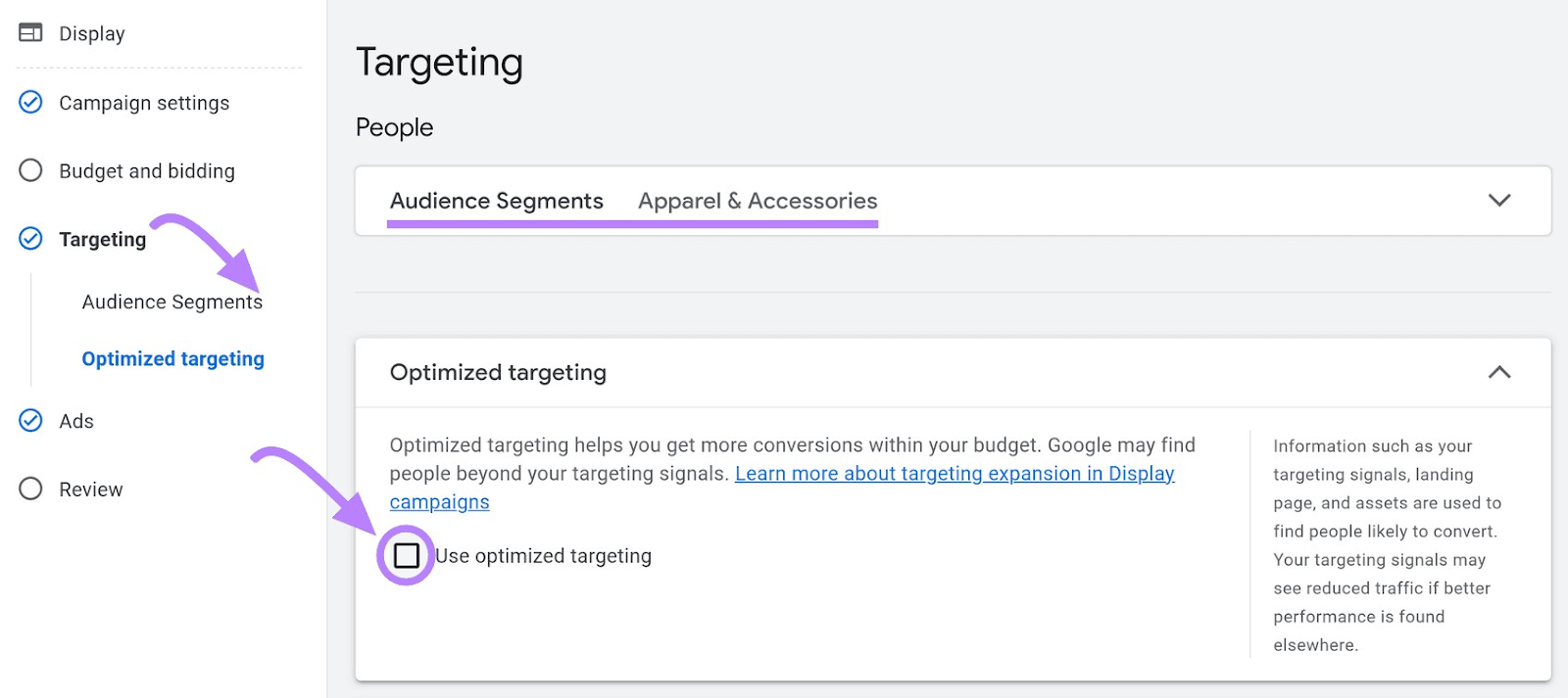 Turning optimized targeting off in 谷歌广告